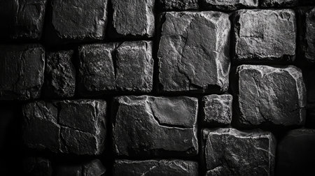A captivating dark stone wall background featuring unique textures and patterns, perfect for diverse creative projects, including interior designs, graphic arts, and photography.の素材