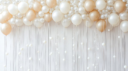 An enchanting display of cream and white balloons complemented by pearls, perfect for creating a joyful atmosphere at various celebrations and events.の素材
