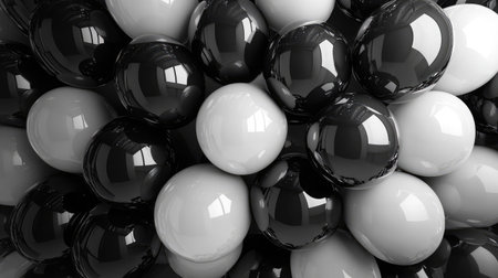 A captivating arrangement of black and white spheres featuring glossy surfaces and intricate reflections, ideal for artistic, modern, and minimalistic projects.の素材