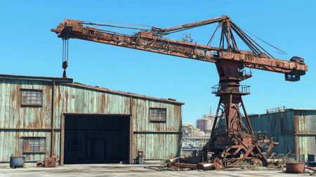 A rusty industrial crane stands next to a weathered warehouse, symbolizing abandonment and decay at an old port, all under a clear blue sky.の素材