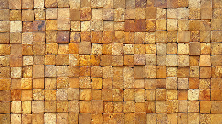 This image showcases a textured surface made of square mosaic tiles in warm shades of brown and yellow, ideal for backgrounds or design projects that require an earthy and rustic aesthetic.の素材