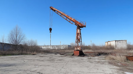 A solitary rusty crane at an abandoned construction site, surrounded by overgrown vegetation and empty land, creating a stark contrast against the bright blue sky.の素材