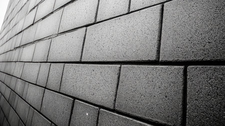 A striking image of a textured gray brick wall, highlighting the contrast and depth created by shadows and light, perfect for urban design themes and minimalist aesthetics.の素材