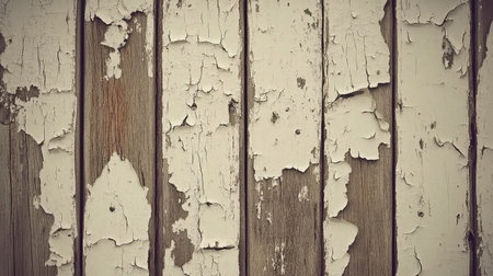 A close-up view of weathered wooden planks showcasing peeling white paint and rustic charm, ideal for design projects, renovation themes, or artistic concepts.の素材