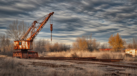 A weathered crane stands in an abandoned railway yard, surrounded by tall grass and trees beneath a captivating cloudy sky, evoking a sense of nostalgia and decay.の素材