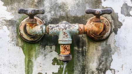 Close-up of a vintage water faucet with rusty taps, showcasing dripping water against a weathered wall with peeling paint and patches of green algae.の素材