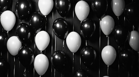 A visually striking arrangement of black and white balloons fills a wall, ideal for enhancing the ambiance of parties, celebrations, and events with a stylish twist.の素材