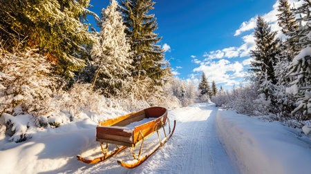 A beautiful winter scene showcasing a wooden sled resting on a snow-covered path, surrounded by serene evergreen trees and a bright blue sky, perfect for winter photography.の素材