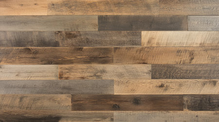 This rustic wooden wall texture showcases various shades and finishes, perfect for enhancing backgrounds or adding character to interior design projects.の素材