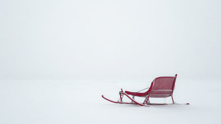 A solitary red sleigh rests on a pristine blanket of snow, surrounded by an expansive white backdrop that embodies a peaceful and tranquil winter scene.の素材