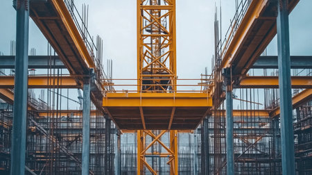 A view of an active construction site featuring a tower crane and intricate steel framework, illustrating modern building techniques and the essence of urban development.の素材