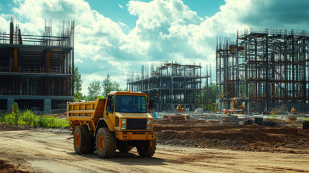 A vibrant construction site featuring a yellow dump truck maneuvering through a landscape with rising buildings under a dynamic sky, depicting ongoing development and heavy machinery utilization.の素材
