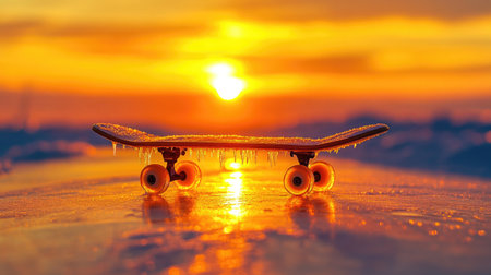 A stunning skateboard adorned with ice crystals rests on a gleaming surface during sunset, showcasing the perfect harmony between urban culture and the beauty of nature's elements.の素材