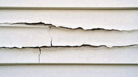 Detailed view of a cracked and peeling white exterior wall, showcasing wear and weathering that necessitates repair and maintenance for residential buildings.の素材
