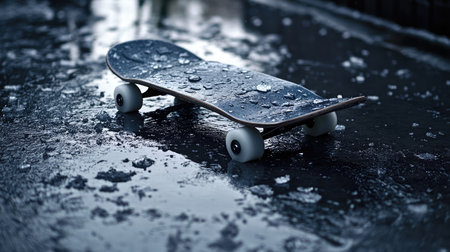 A visually striking skateboard rests on a wet surface, covered with raindrops, capturing a moment of urban life and the essence of skate culture amidst the reflections in the puddles.の素材