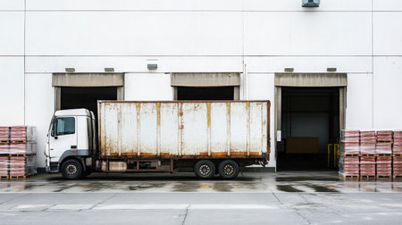 An aged delivery truck is parked beside loading docks in a warehouse. Wet concrete and stacked pallets signify an active logistics environment.の素材