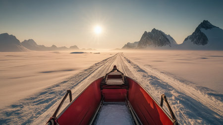 Discover a breathtaking winter landscape featuring a red sled leading toward distant mountains under a gorgeous sun, emphasizing the serene beauty of a snow-covered terrain.の素材