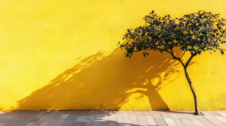 A small tree casts a striking shadow against a bright yellow wall, creating a unique fusion of nature and urban aesthetics that inspires creativity and serenity.の素材