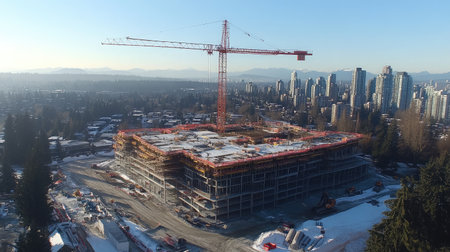 Stunning aerial shot of a construction site featuring a towering crane amid a developing urban landscape, illustrating modern architecture and progress in building design.の素材