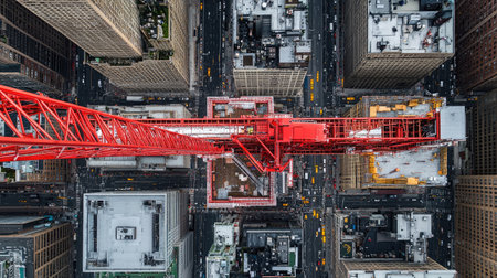 High angle view of a red construction crane reaching towards the sky, surrounded by city buildings and bustling streets, reflecting urban development in a busy metropolitan setting.の素材
