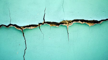 Close-up view of a cracked wall surface showcasing a vivid blue-green hue, highlighting the effects of time and environmental conditions, perfect for art or decor themes.の素材