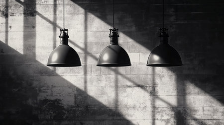 Three black pendant lamps hang gracefully, casting striking shadows on a textured wall, embodying minimalistic design and artistic elegance for modern interiors.の素材