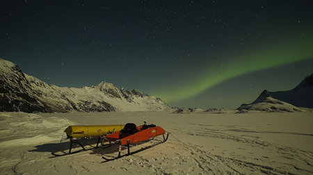 Experience the beauty of a serene winter night with snowmobiles on a frozen landscape, illuminated by the vibrant northern lights and a star-filled sky.の素材