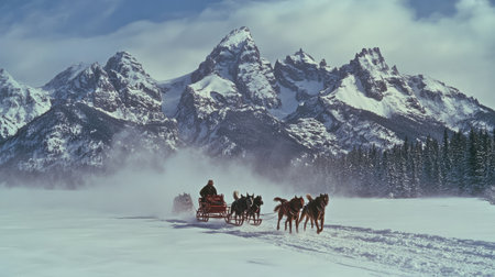 Experience the thrill of dog sledding in a winter wonderland, with majestic snow-capped peaks and tranquil pine forests creating a stunning natural backdrop.の素材