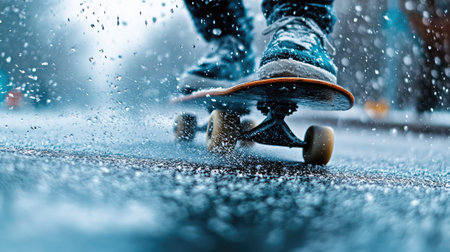 A thrilling moment captured as a skateboard splashes through puddles on a rainy day, showcasing the excitement of urban skating and the beauty of movement in wet conditions.の素材