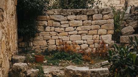 A charming image of a weathered stone wall, framed by wild plants and a pot, conjuring a serene atmosphere of nature reclaiming an old courtyard. Perfect for themes of decay and tranquility.の素材