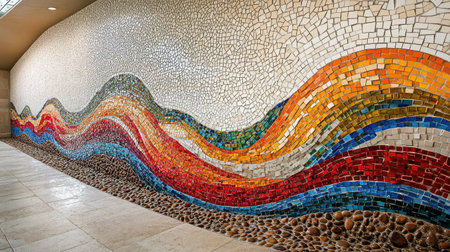 This stunning mosaic wall art features a flowing design with vibrant colors and textures, creating a captivating visual experience in a community space.の素材