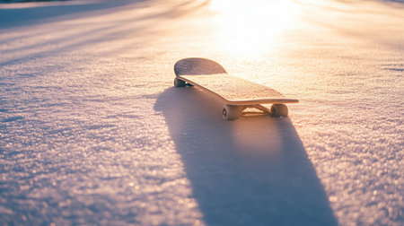 A peaceful winter scene featuring a skateboard resting on fresh snow, illuminated by a warm sunset glow, perfect for themes of adventure and solitude in nature.の素材