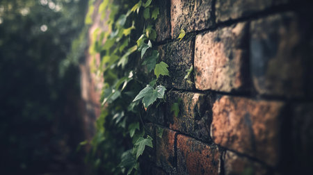 A serene view of ivy gracefully climbing an ancient brick wall, illuminated by soft natural light, showcasing the intricate texture of nature against architecture.の素材