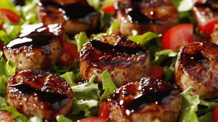 Enjoy a vibrant and delicious dish featuring grilled scallops drizzled with a sweet honey glaze, served upon a bed of fresh salad with cherry tomatoes, perfect for any occasion.の素材