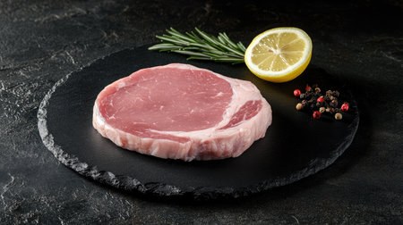 Showcase of a fresh uncooked beef steak surrounded by rosemary sprigs and a lemon slice on a black slate surface, perfect for culinary inspiration and food photography.の素材