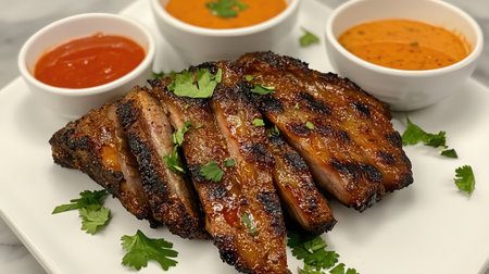 A mouthwatering display of grilled pork ribs served with three vibrant sauces, perfect for summer gatherings and barbecues, garnished with fresh cilantro for added flavor.の素材