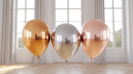 Three metallic balloons in golden, silver, and rose colors stand in an elegant room with large windows, ideal for any festive occasion or celebration, creating a vibrant atmosphere.の素材