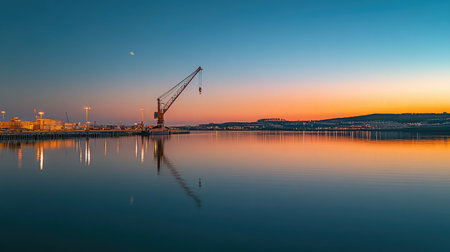 A still evening view showcasing a construction crane by the water during sunset, with vibrant colors reflecting on the surface and a gentle moonrise in the background.の素材