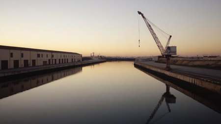 A tranquil view of an industrial harbor at dusk featuring a crane and warehouses reflected in calm waters, showcasing the peaceful blend of nature and urban infrastructure.の素材