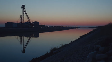 This image captures a serene sunset over an industrial landscape, featuring a crane's reflection in the calm water of a canal, showcasing the tranquility of dusk in an urban environment.の素材