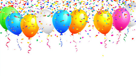 A vibrant collection of colorful balloons and confetti displays a cheerful ambiance perfect for various celebrations, adding joy and festivity to events.の素材
