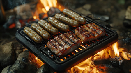 A tantalizing scene of grilled meats sizzling over open flames, perfect for summer outdoor gatherings, enhancing flavors and creating a memorable cooking experience.の素材
