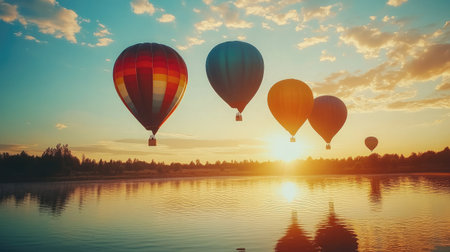Vibrant hot air balloons gracefully drift over a calm lake during sunset, creating a stunning scene filled with warm light and reflections, embodying adventure and serenity.の素材