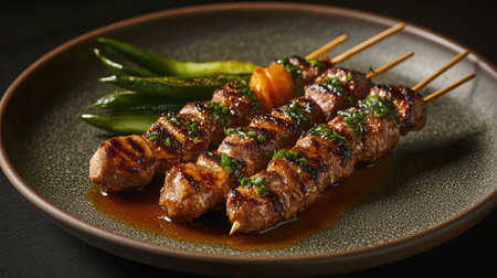 Discover the allure of grilled meat skewers glazed with savory sauce and served with fresh green vegetables on a beautifully textured plate, ideal for food lovers.の素材