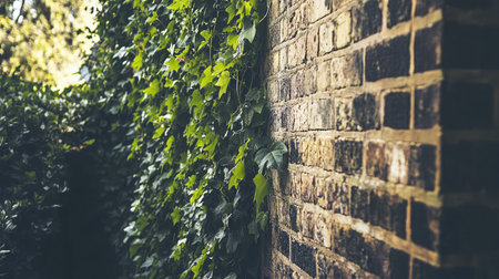 Vibrant green ivy climbs an aged brick wall, merging nature with architecture. The interplay of light and shadow creates a serene outdoor scene, perfect for various design themes.の素材