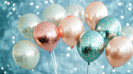 A delightful assortment of vibrant balloons featuring glitter accents, ideal for enhancing any celebration or festive occasion against a shimmering blurred background.の素材