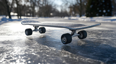 A stylish skateboard rests on a glistening icy surface, showcasing a unique blend of urban sport and winter scenery that inspires adventure and freedom in a chilly park atmosphere.の素材