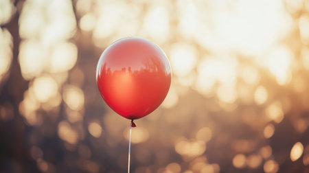 A vibrant red balloon gently floats against a softly blurred sunset background, creating a serene and joyful atmosphere perfect for celebrations and nostalgic moments.の素材