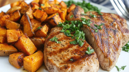 Enjoy a mouthwatering dish featuring grilled pork chops served with roasted butternut squash, beautifully garnished with fresh parsley for a wholesome dining experience.の素材
