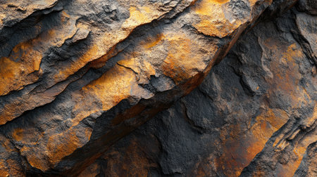 Close-up view of a rocky surface displaying intricate textures and rich earthy colors. Ideal for nature-themed projects or backgrounds with a rugged aesthetic.の素材